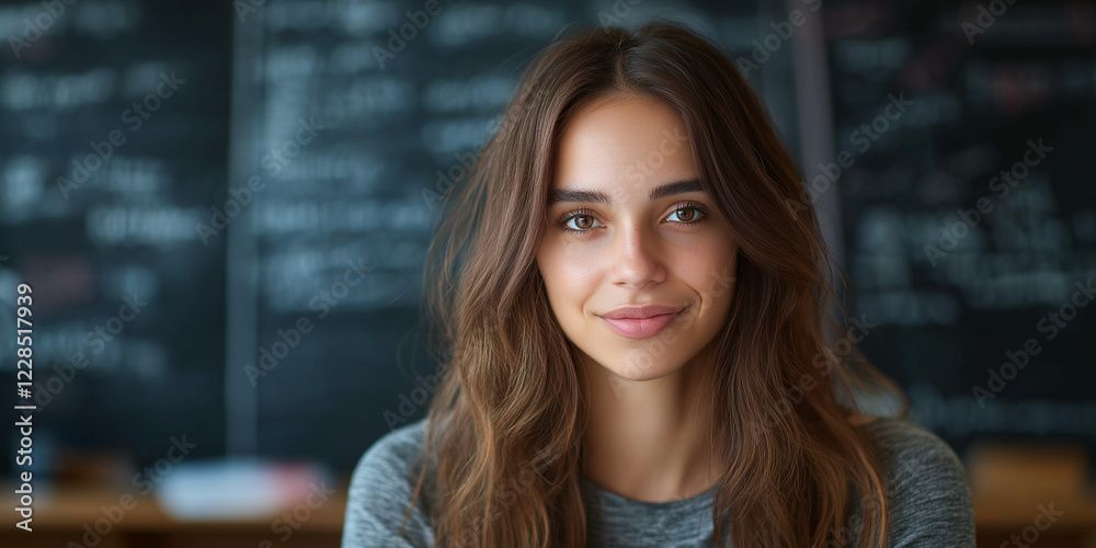 Engaging portrait of a young woman classroom setting photography intimate environment close-up view self-confidence and education