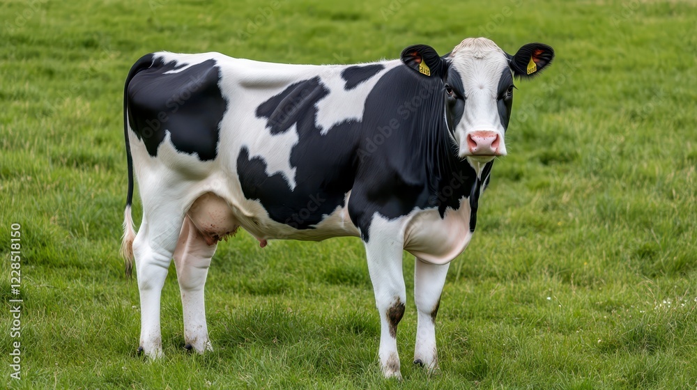 Close-Up of a Black and White Dairy Cow on Green Pasture Land Close-Up of a Black and White Dairy Cow on Green Pasture Land