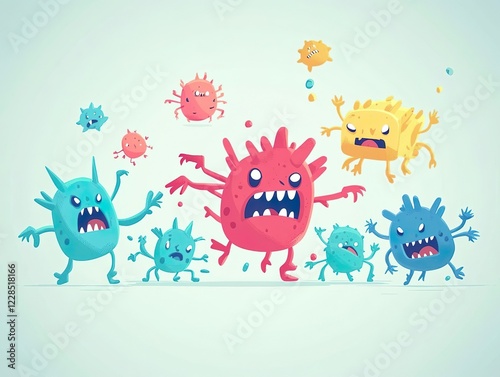 A group of colorful, cartoon viruses with angry expressions march together, symbolizing the spread of digital threats, malware, and cyberattacks.