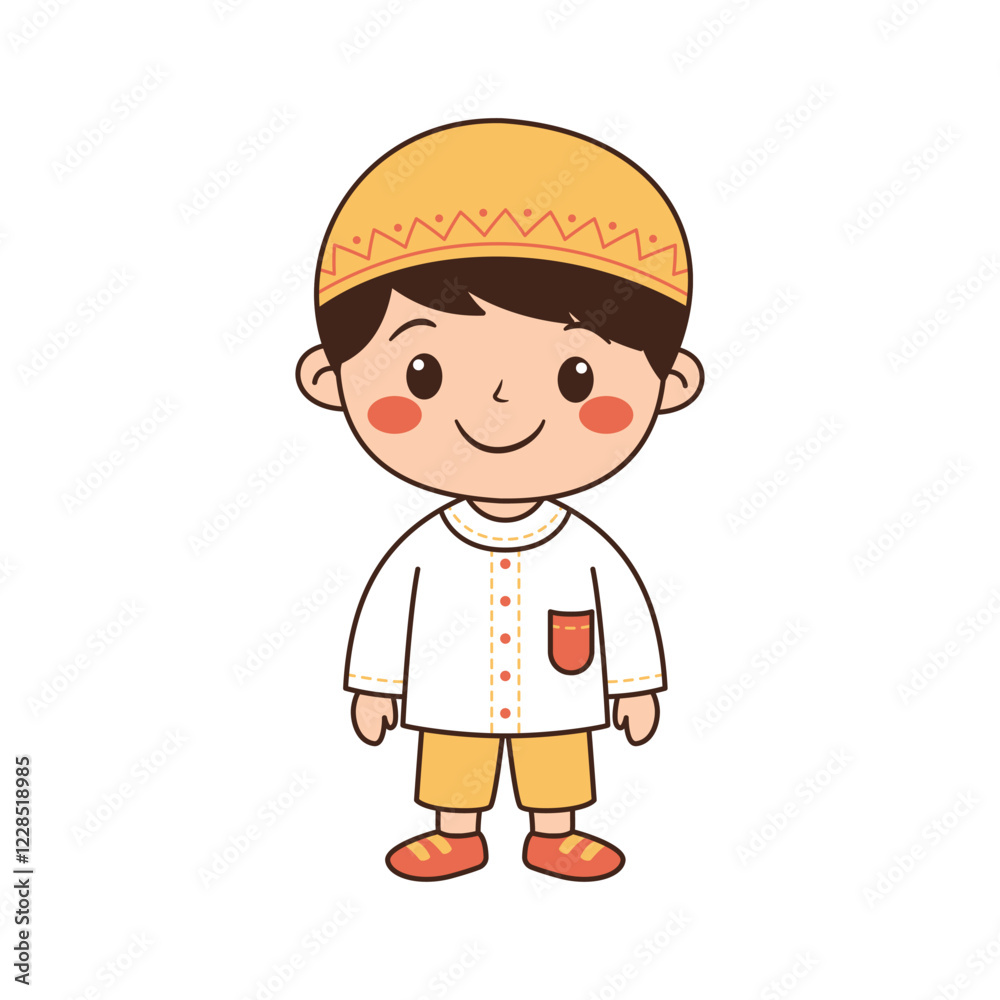Happy Cute Muslim Kid Boy Cartoon Character Wearing Islamic Traditional Clothes Happy Cute Muslim Kid Boy Cartoon Character Wearing Islamic Traditional Clothes