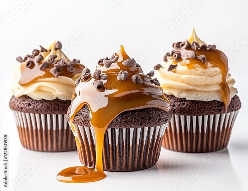 Three chocolate cupcakes with caramel frosting and chocolate chips. photo