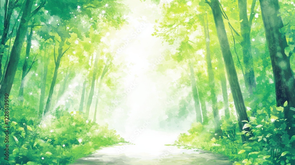 Fototapeta premium Lush Green Forest Pathway with Soft Light Filtering Through Trees and Vibrant Foliage