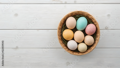 Egg with basket on wooden 