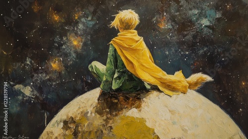 An oill painting shows the back of The Little Prince, sit on the top of a big yellow planet, wearing a long yellow scarf, green cloth, Blonde short hair, and a fox, universe photo