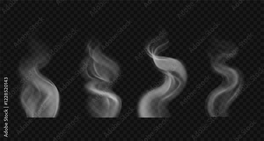 Vector wavy smoke on water, tea, coffee, food. Set of realistic white hot steam isolated on transparent background