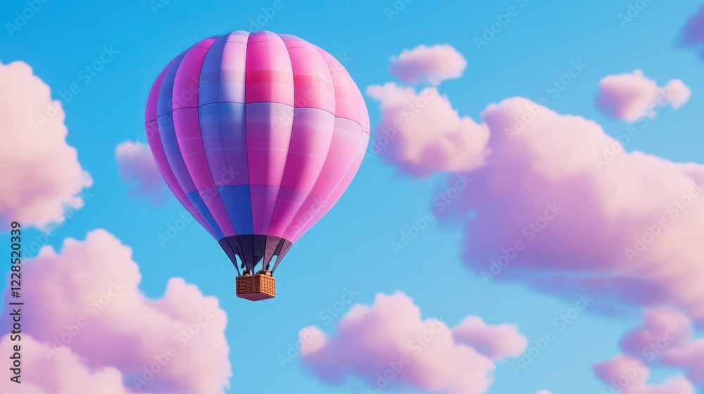 Naklejka premium Colorful Hot Air Balloon Floating in Blue Sky with Clouds
