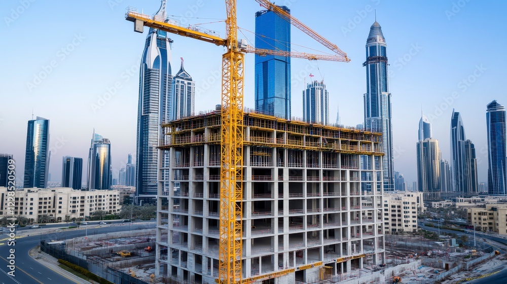 Urban Construction Site with Tower Crane and Skyscrapers Nearby Urban Construction Site with Tower Crane and Skyscrapers Nearby