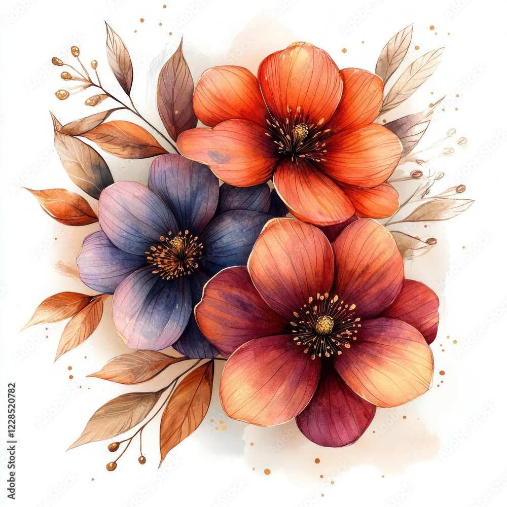 Fototapeta premium Seamless pattern of burgundy and pastel flowers with gold accents for wallpaper and fabric