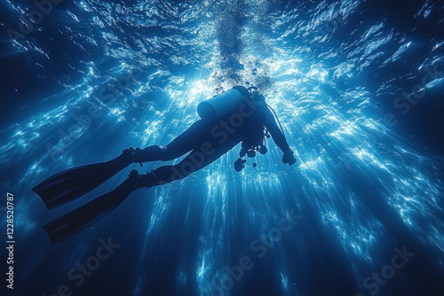 Diver Swimming in Deep Blue Ocean Underwater Scene with Ethereal Light Beams photo