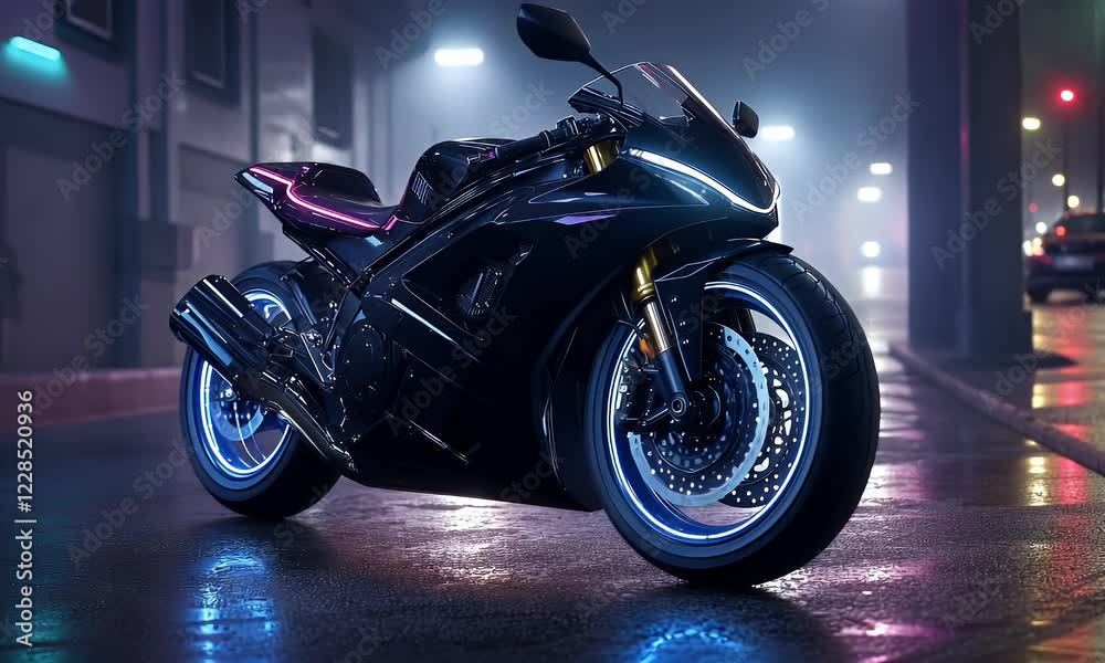 Night city motorbike, neon lights, urban parking, speed Night city motorbike, neon lights, urban parking, speed
