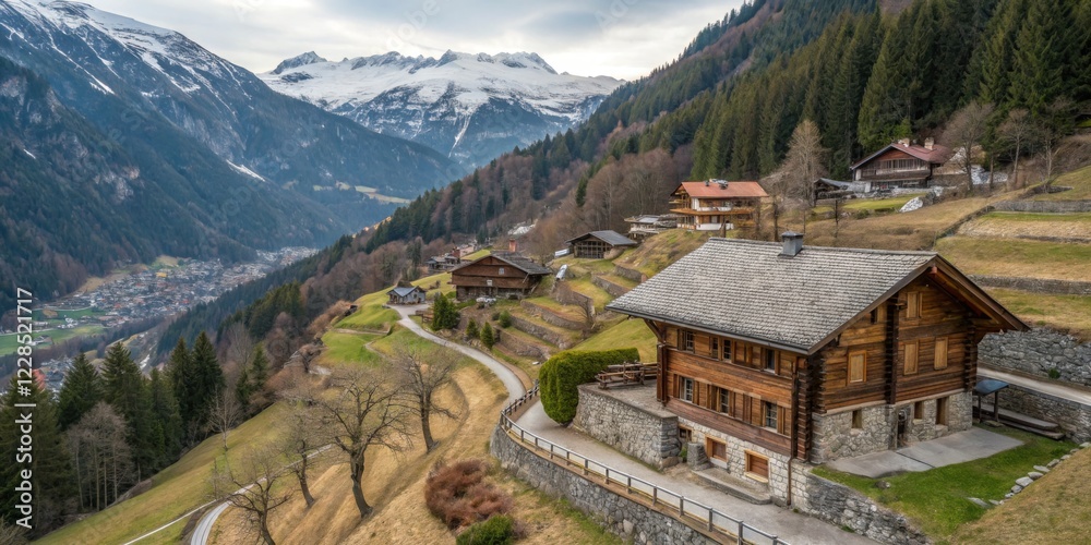 Scenic view of alpine village with traditional wooden houses nestled among mountains during early spring Scenic view of alpine village with traditional wooden houses nestled among mountains during early spring