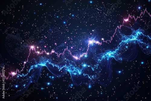 A stock market graph visualized as a digital galaxy, 