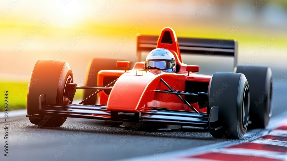 Naklejka premium Dynamic Red Race Car on a Circuit with Bright Sunlight Background