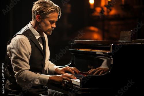 male performer at a concert grand piano.  Generative AI