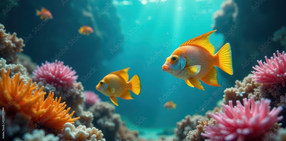 Fototapeta premium Tropical fish school swimming through seaweed, seaweed, marine life
