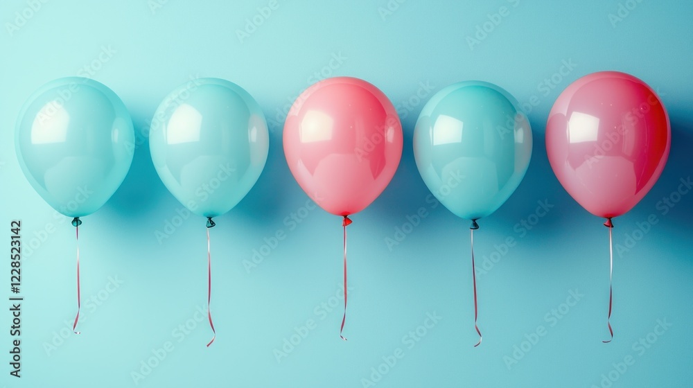 Five balloons, alternating pink and blue, against a minimal blue backdrop, for celebrations Five balloons, alternating pink and blue, against a minimal blue backdrop, for celebrations