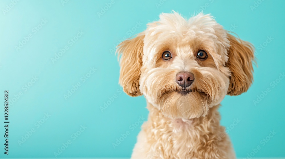 Fluffy dog portrait, teal background. Pet website, card Fluffy dog portrait, teal background. Pet website, card