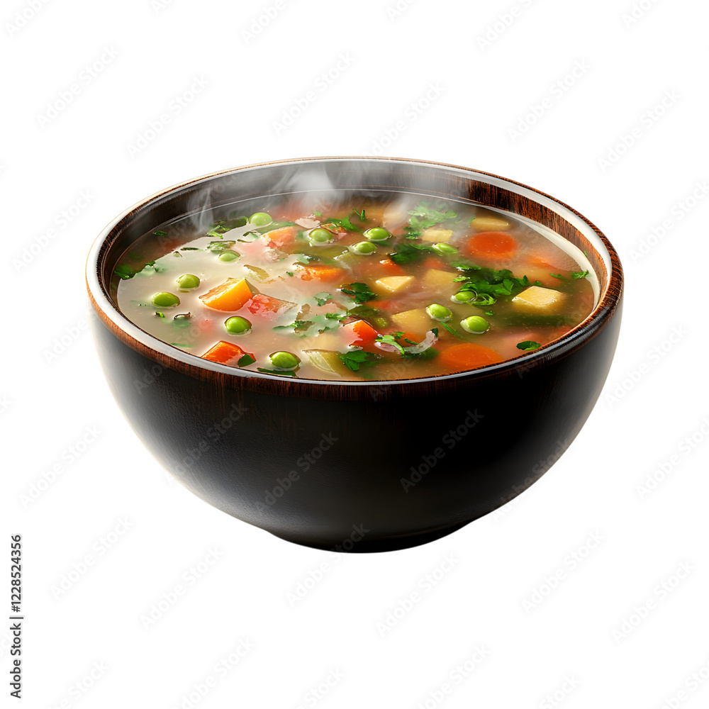Fluffy 3D Cartoon Bowl of Steaming Soup with Vegetables and Meat Isolated on Transparent Background