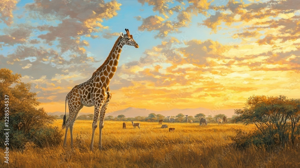 Obraz premium Graceful giraffe peacefully roams African savanna, embodying elegance and harmony alongside a variety of wildlife in its natural habitat, showcasing beauty of coexistence in vast expanse of plains 