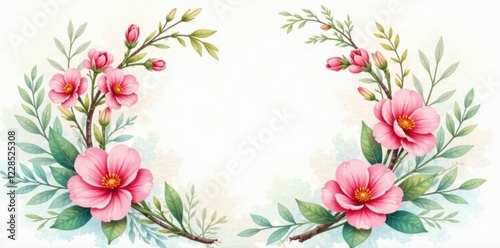 Watercolor floral wreath against a soft pastel spring background with blooming flowers and greenery , floral, watercolor
