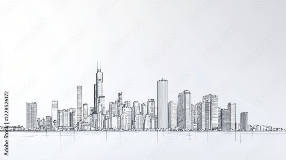 Naklejka premium Sleek Urban Skyline Illustration with Minimalist Design Elements