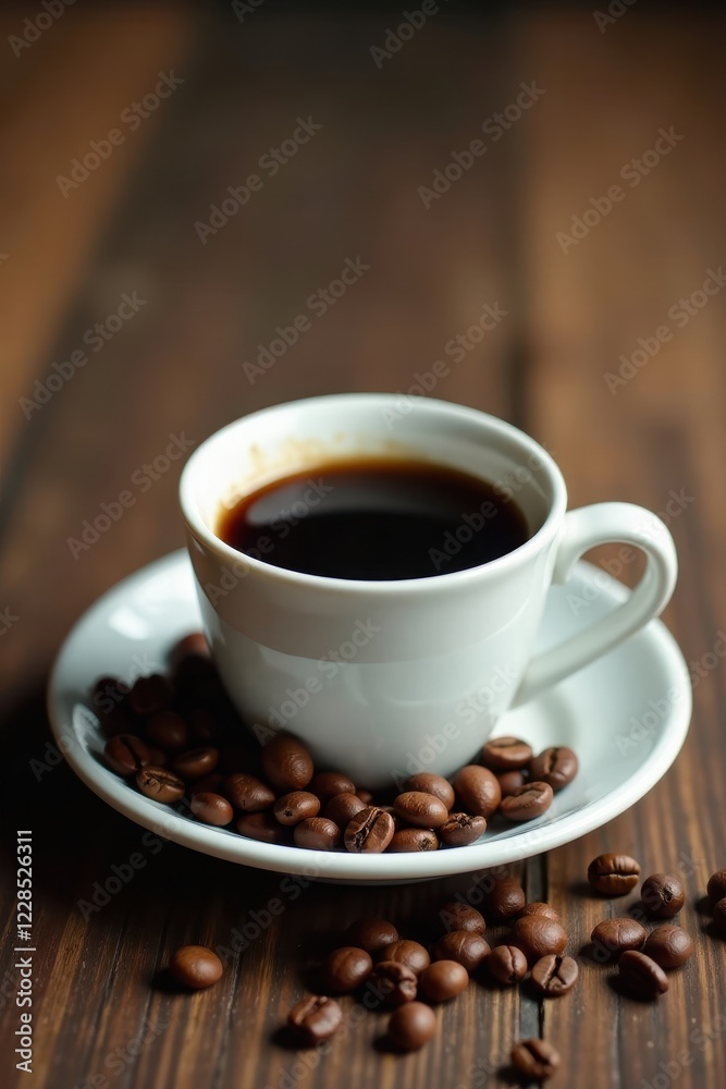 White ceramic coffee cup, coffee beans scattered on aged wooden table , natural, espresso, vintage White ceramic coffee cup, coffee beans scattered on aged wooden table , natural, espresso, vintage