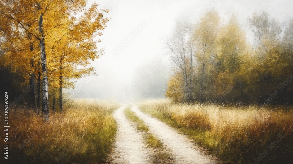 Serene autumn landscape with winding path through foggy forest and golden foliage Serene autumn landscape with winding path through foggy forest and golden foliage