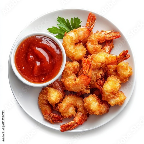 A plate of crispy fried shrimp with cocktail sauce, isolated white background, hyperrealism art style photo