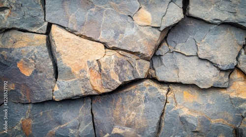 Stone rock mountain cave granite basalt mineral surface texture background. Dark gray brown beige. Crack cracked broken crumbled crushed. Close-up. Geometric Shape. photo