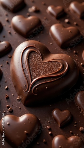 Dark chocolate surface, heart-shaped ripples texture, smooth, gourmet