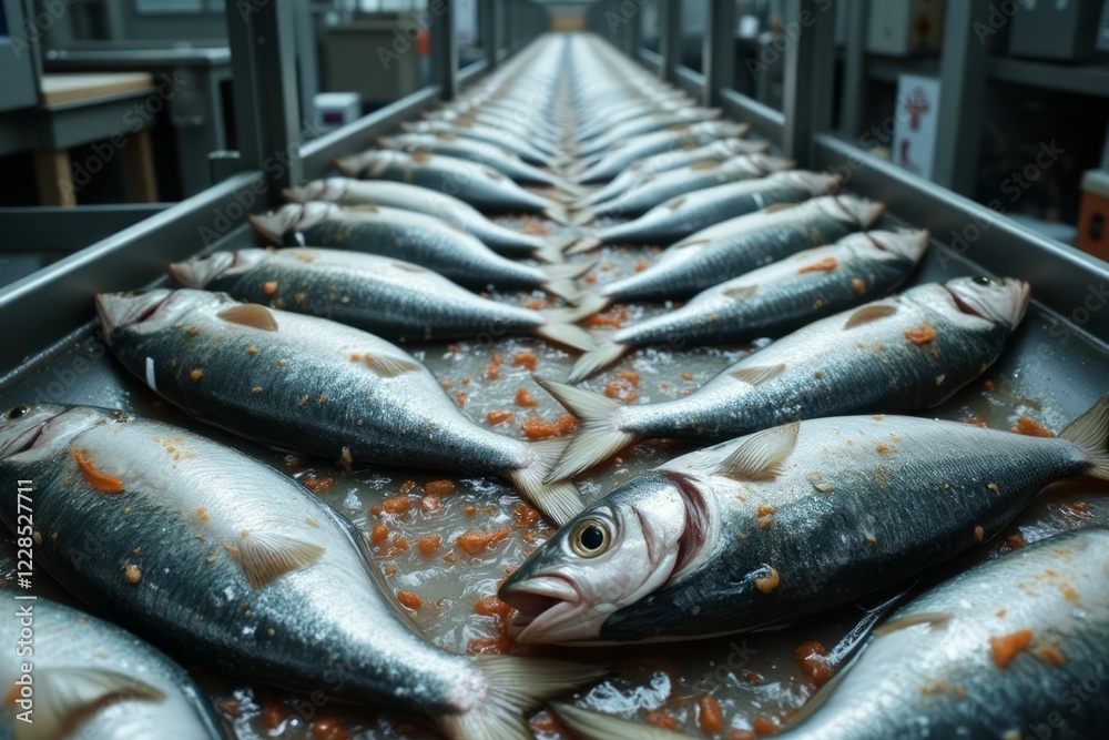 Obraz premium Rows of Fish on a Conveyor Belt in a Factory