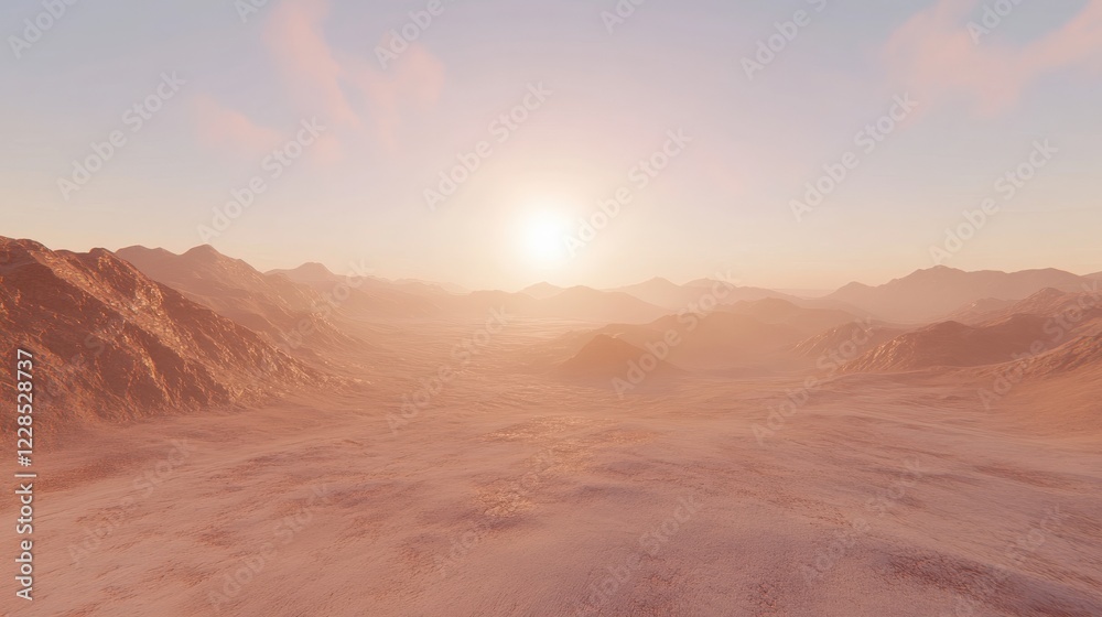 Naklejka premium Spokojny krajobraz pustyni o zachodzie słońca z odległymi górami i delikatnymi pastelowymi odcieniami nieba