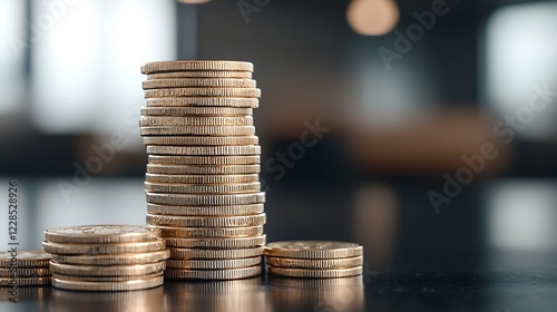 Coins stacked high on table, blurred background. Financial growth concept