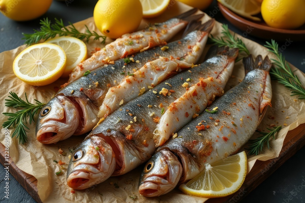 Seasoned Fish Prepared For Cooking With Lemon And Herbs Seasoned Fish Prepared For Cooking With Lemon And Herbs