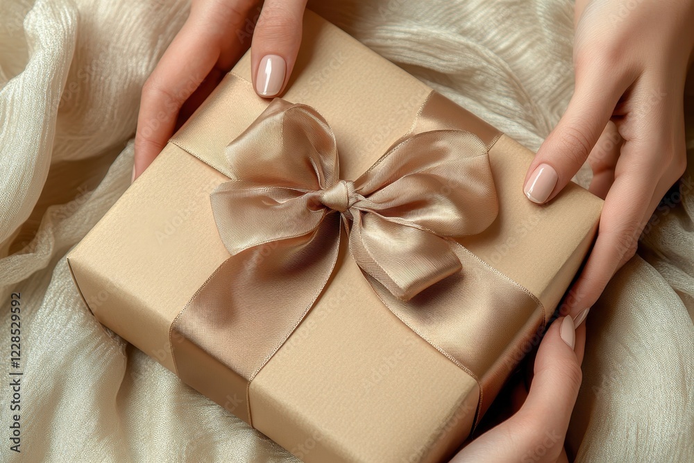 Beige gift box with satin ribbon, held gently. Perfect for gifting, holidays, or celebratory occasions. Beige gift box with satin ribbon, held gently. Perfect for gifting, holidays, or celebratory occasions.
