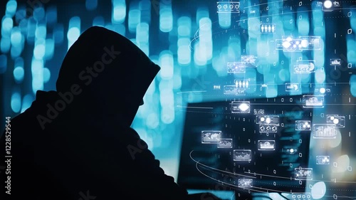 Dark web hacker operating in secrecy, multiple holographic displays with data breaches