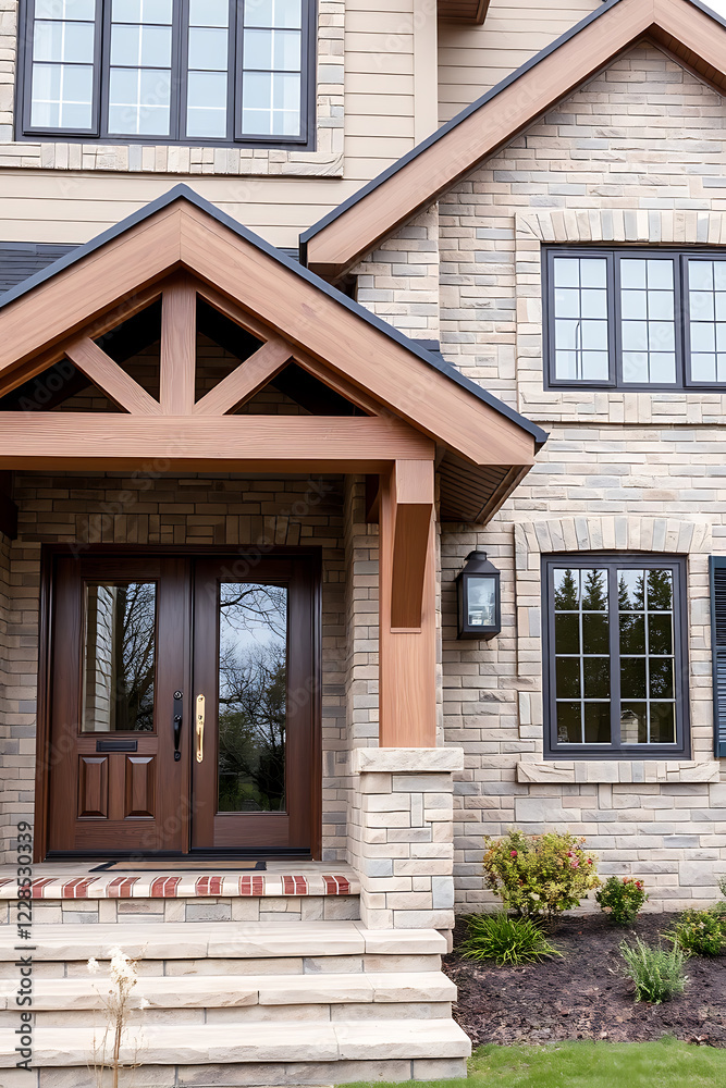 Naklejka premium Modern Brick House Exterior: Stunning Architectural Design and Landscaping. A Luxurious Home with a captivating entrance and meticulous detailing.