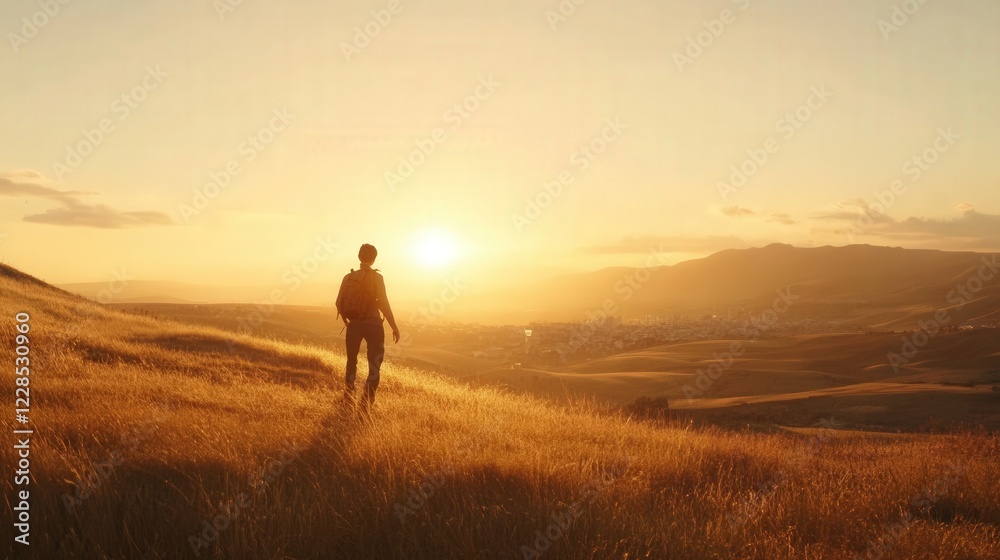 A person walking through golden grass at sunset, overlooking a serene valley with distant hills A person walking through golden grass at sunset, overlooking a serene valley with distant hills