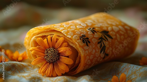 A reusable beeswax food wrap with nature-inspired patterns, placed on a striking gold background, photorealistic, ultra-sharp focus, clear details, studio lighting, natural colors, realistic