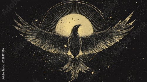 Majestic Black Bird with Outstretched Wings Against Golden Moon