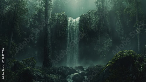 Wallpaper Mural Misty forest waterfall, nature scene, calm background, ideal for fantasy or nature documentaries Torontodigital.ca