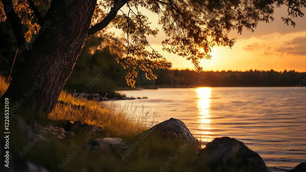 Golden sunset over calm lake, tree branches framing the scene, rocks and grass in foreground.