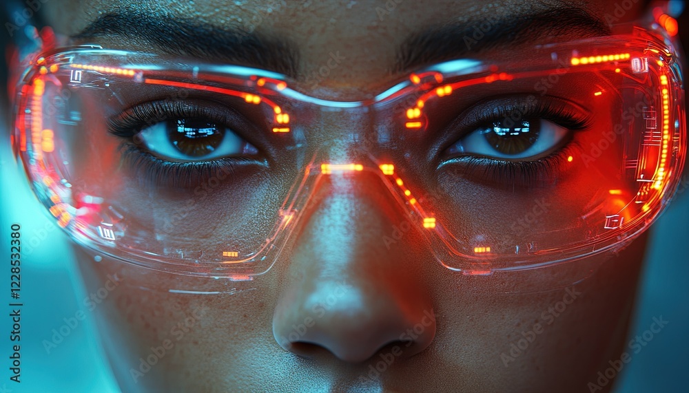 Woman with red tech glasses, close-up view, blue background. Use stock Woman with red tech glasses, close-up view, blue background. Use stock
