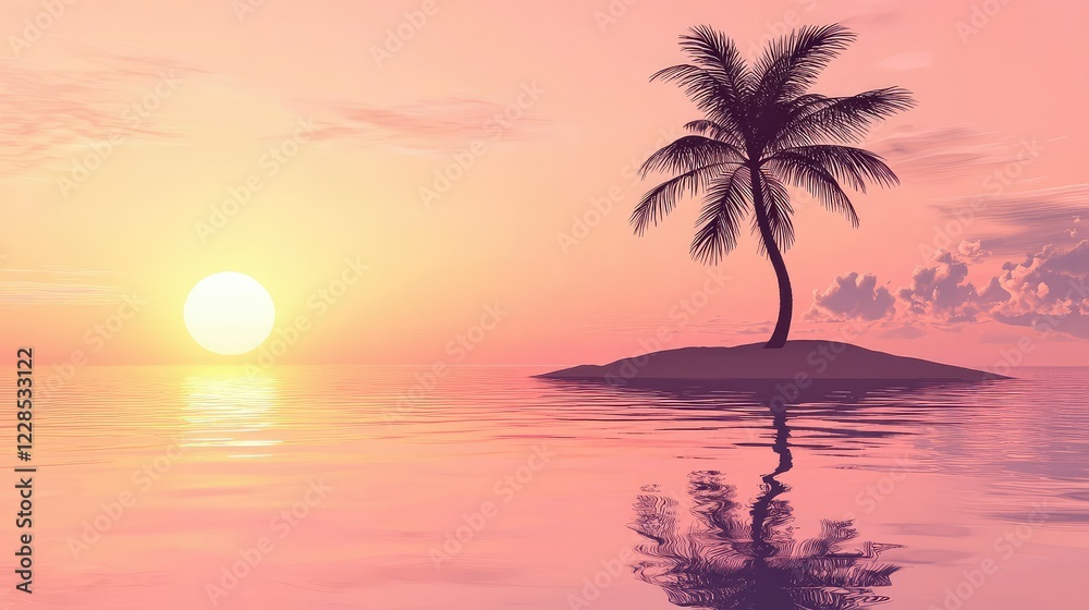 Fototapeta premium Serene Sunset Over Tranquil Island with Lone Palm Tree Reflection