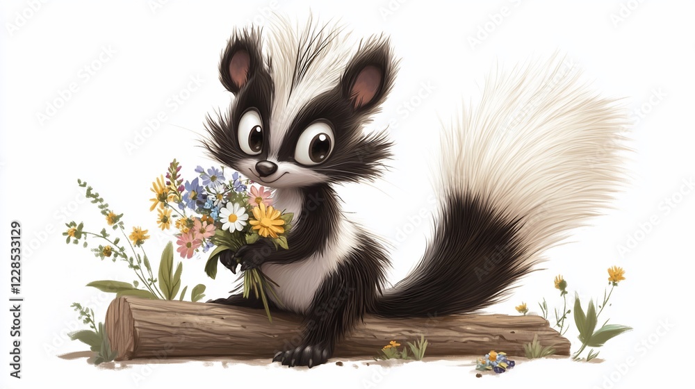 Fototapeta premium Charming cartoon skunk with a fluffy tail sitting on a log and holding flowers