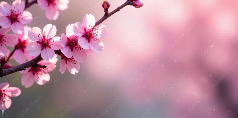 Naklejka premium Delicate pink cherry blossoms frame a vibrant spring scene , gentle, soft