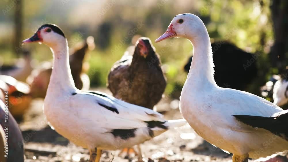 Two white ducks with black markings, one in sharp focus, on a farm. Two white ducks with black markings, one in sharp focus, on a farm.