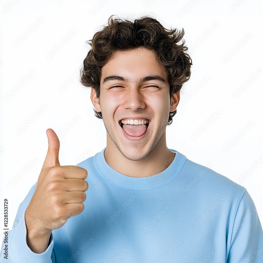 Happy Young Man with Thumbs Up, Expressing Joy and Approval in Studio Portrait Happy Young Man with Thumbs Up, Expressing Joy and Approval in Studio Portrait