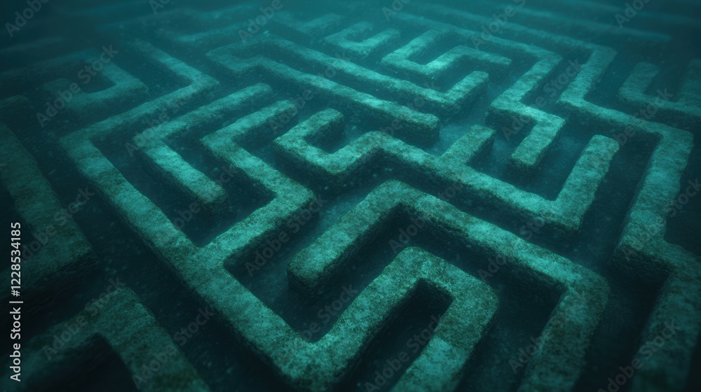 A submerged stone maze lies beneath the ocean, covered in algae and mystery, evoking themes of lost civilizations, ancient secrets, and exploration. A submerged stone maze lies beneath the ocean, covered in algae and mystery, evoking themes of lost civilizations, ancient secrets, and exploration.