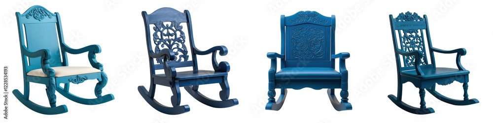 Ornate blue wooden rocking chairs in a cozy traditional interior setting Vintage retro style furniture pieces for relaxation and leisure time at home or on the porch Ornate blue wooden rocking chairs in a cozy traditional interior setting Vintage retro style furniture pieces for relaxation and leisure time at home or on the porch